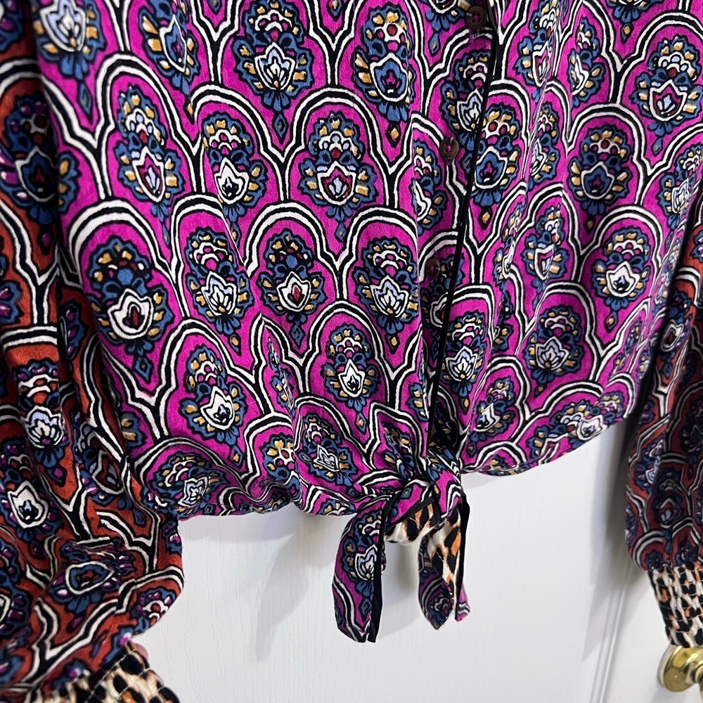 Anthropologie Patterned long sleeves paisley print and leopard collar Top size M - Picture 11 of 15